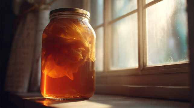 Tall glass jar of fermenting kombucha glowing amber on a windowsill, billowing scoby culture lit by warm streaming daylight
