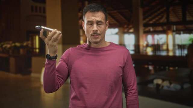 Man with moustache wearing pink long sleeve shirt holds smartphone to ear with right hand and furrows brow in a building reception; annoyance waiting.
