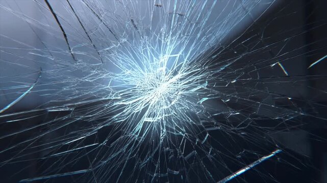 Slow motion close up shot of windshield shattering from impact inside vehicle at night with radiating cracks and light flare