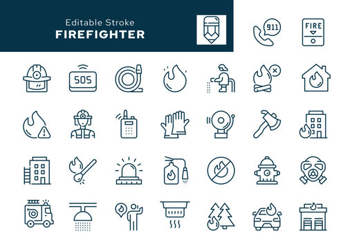 Firefighter outline icons set. Fire extinguisher, siren, fire extinguishing, fire truck, fire escape and crane, hose, hydrant and more. Line icon in linear style. Vector collection	