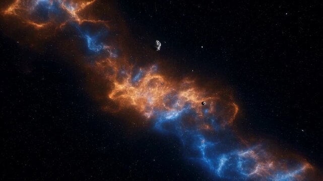 Tracking slow pan of asteroid field passing glowing blue and orange nebula in deep interstellar space sector