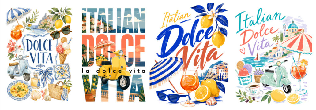Italian dolce vita vector poster set with lemons, scooter, gelato, seaside, umbrella and spritz cocktail for Mediterranean travel, summer vacation and lifestyle design.