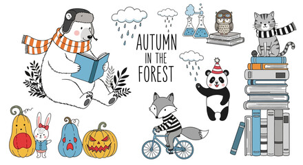 Autumn forest scene with polar bear reading, panda on bike, and Halloween decorations, fall season concept, children's illustration © Shabana