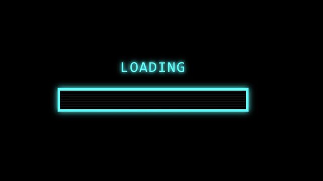 Retro Loading Bar Animation, Pixel Art Style, Glowing Cyan-blue Bar Filling Up Block by Block, With LOADING... text Pixel Font on Pure Black Background, 1980s Arcade and Old School Style