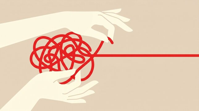 Minimalist flat vector illustration of two hands unraveling a tangled red string. Generative AI.