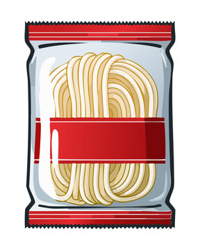 Clear transparent cellophane plastic wrap packet holding raw vertical long spaghetti noodle sticks for simple dinner meal preparation - Vector Illustration