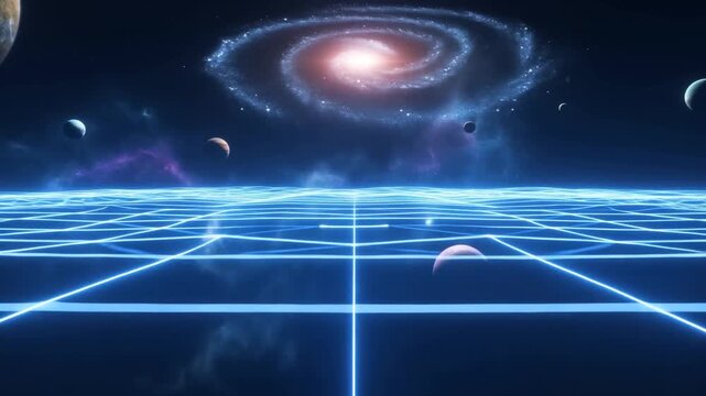 Tracking shot of neon grid leading toward spiral galaxy with floating planets and nebula on horizon in retro futuristic outer space landscape