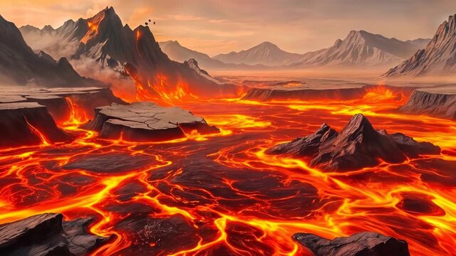 Molten lava flowing through volcanic landscape with jagged mountains. Erupting magma streams across dark basalt terrain during sunset. Lockdown wide shot.
