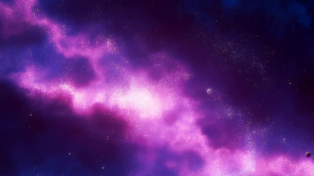 Slow pan across purple nebula with drifting planet and twinkling stars in deep outer space cosmic background, vast interstellar cloud
