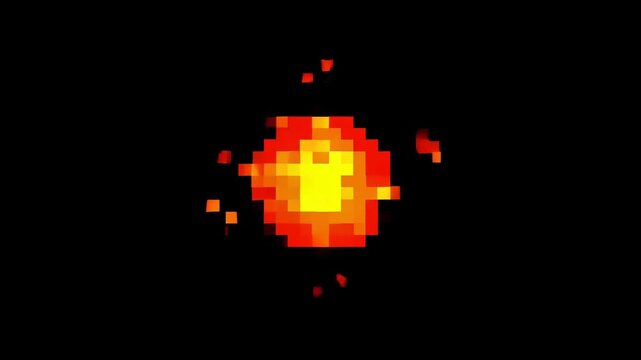 Static shot of pixel art explosion sprite expanding and flickering on black background center screen for retro arcade game visual effect loop