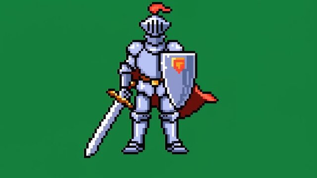 Static shot of pixel art knight standing idle holding sword and shield on green background with subtle animation and red cape in retro eight bit style