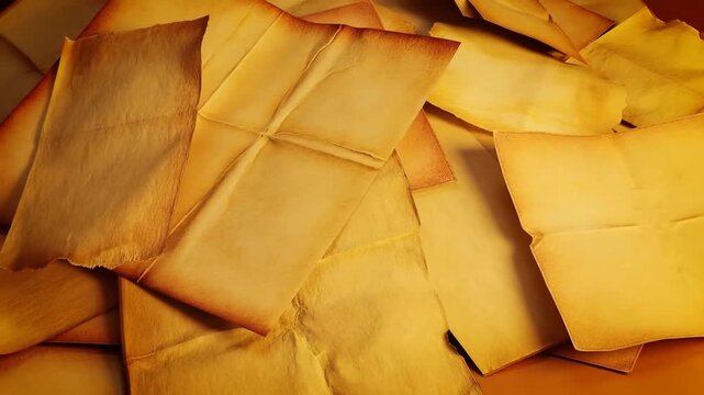 Panning shot of old yellowed paper sheets shifting and overlapping on tabletop surface in warm studio close up
