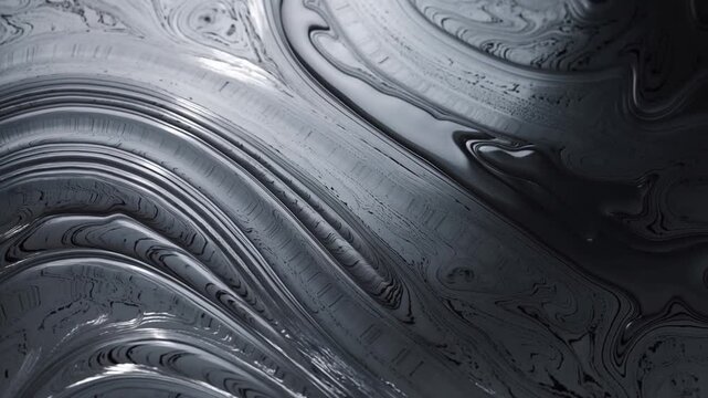 Slow motion pan close up of metallic liquid swirls flowing across dark reflective surface in studio showing abstract textured metal like patterns
