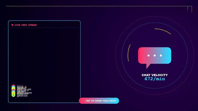 a vibrant social commerce overlay interface animates through live user data interactions capturing rapid audience engagement metrics during a dynamic digital broadcast shopping experience