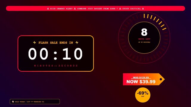 A social commerce overlay graphic displays aggressive digital countdown timers and declining inventory metrics to simulate a high pressure atmosphere for online retail store sales conversions