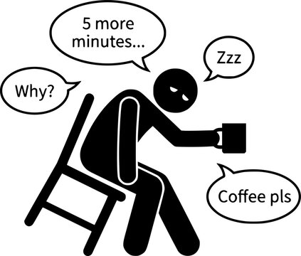 Tired stick figure man holding a mug needing coffee in the morning, sleep deprivation and exhaustion icon vector illustration.