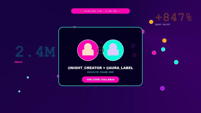 A vibrant social commerce overlay animation features floating circular icons and digital growth metrics against a deep purple atmosphere reflecting modern influencer marketing and retail trends