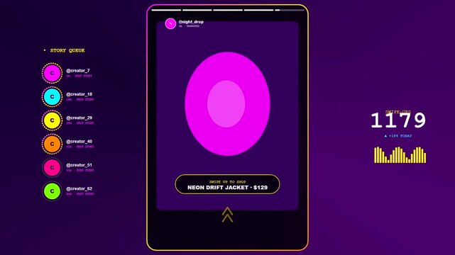 A vibrant social commerce overlay interface displayed on digital screens showcasing real time sales metrics and user activity trends within a sleek purple dark themed studio environment