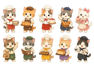 Obraz premium Set of cute kittens dressed as professional bakers and chefs
