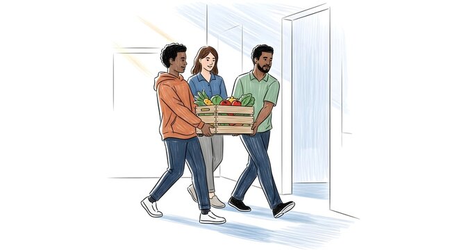 Three colleagues carrying stacked boxes in modern office hallway.