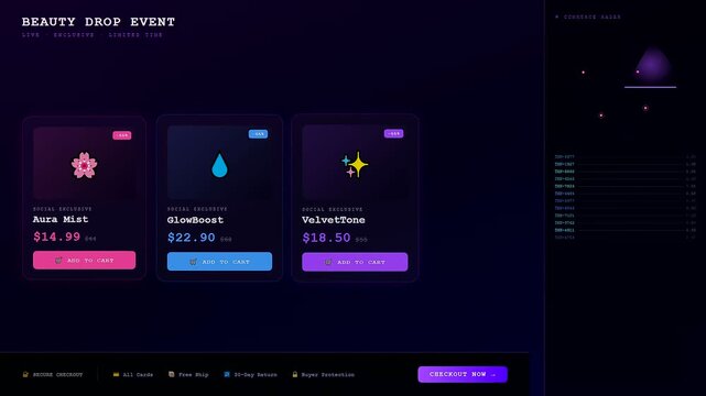 A digital social commerce overlay interface displays product purchase options in a sleek dark aesthetic featuring glowing neon icons for an interactive online store experience