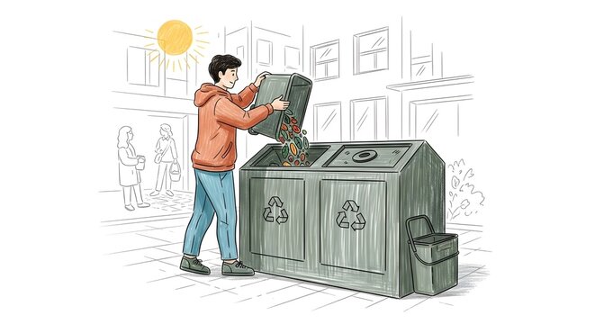 Person recycling electronic waste in urban environment outdoors.