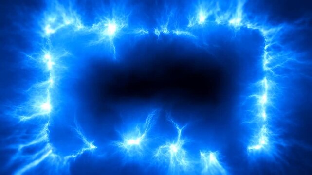 Static slow motion view of blue electric portal pulsing and crackling around dark void on black abstract background