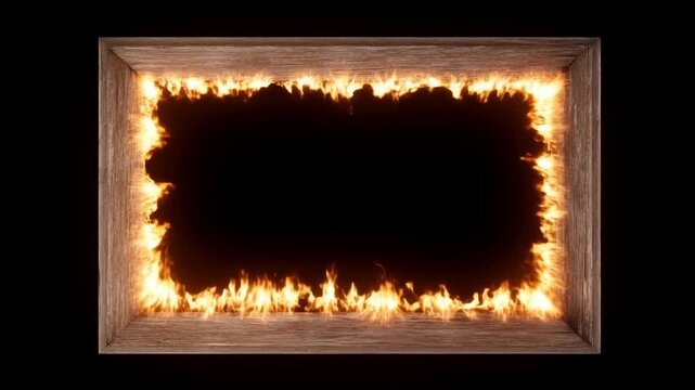 Time lapse static shot of wooden picture frame catching fire along inner edge against black background in studio