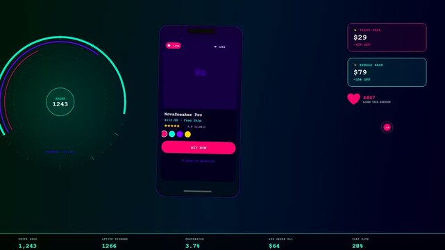 A digital social commerce overlay displays dynamic sales metrics and mobile user interface elements floating within a dark virtual environment reflecting modern retail shopping activity trends