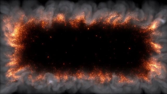Slow motion static shot of embers and smoke swirling and dissipating along dark frame border with glowing sparks and drifting ash creating glowing rim light effect around central black void