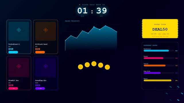 A digital social commerce overlay displays animated countdown timers and vibrant progress bar charts tracking consumer interaction metrics across various virtual product sales interfaces in real time