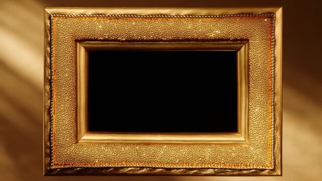 Slow pan shot of ornate gold picture frame revealing shifting light across empty black opening on studio wall backdrop