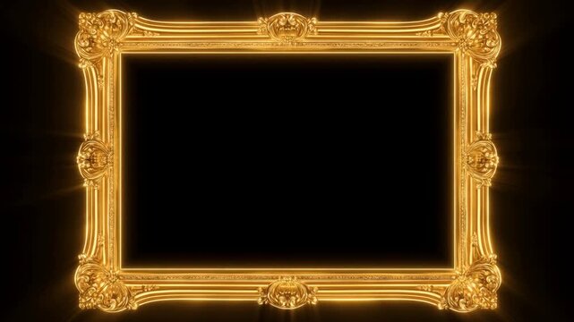Panning slow tracking shot of ornate gold picture frame shifting across black studio background with glowing highlights and light flares