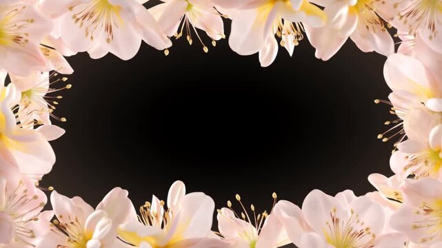 Slow motion pan and gentle zoom of cherry blossom petals framing empty black background in studio isolated vignette centered composition