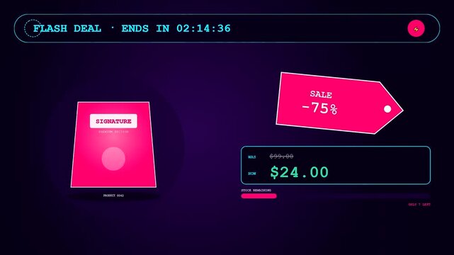 A vibrant social commerce overlay interface animates through dynamic price fluctuations featuring neon pink tags and dark gradients for modern digital shopping platforms during flash sales