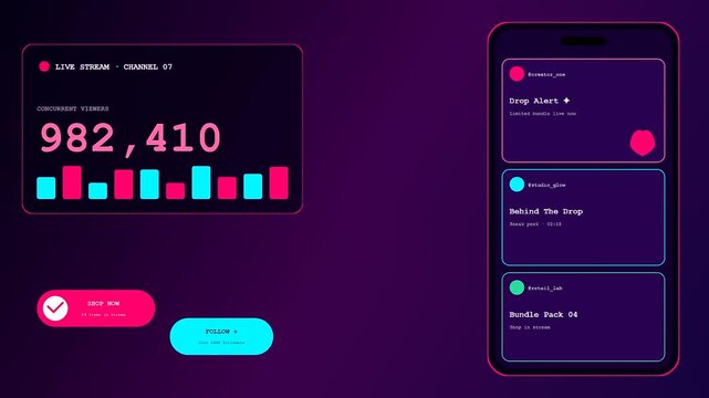 A vibrant social commerce overlay displaying live audience growth metrics and mobile interface shopping components for digital interactive streaming experiences across multiple screens in dark mode