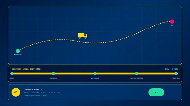 A social commerce overlay showing tracking progress for package delivery on a blue digital map interface with animated yellow paths and a small moving cargo truck