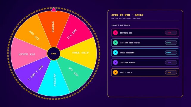 A vibrant social commerce overlay feature rotates through multiple digital rewards and prize sectors within an interactive web interface screen designed for modern user engagement strategy