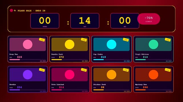 A vibrant social commerce overlay interface features a digital countdown timer alongside interactive product cards displayed on a deep crimson gradient atmosphere for online shopping