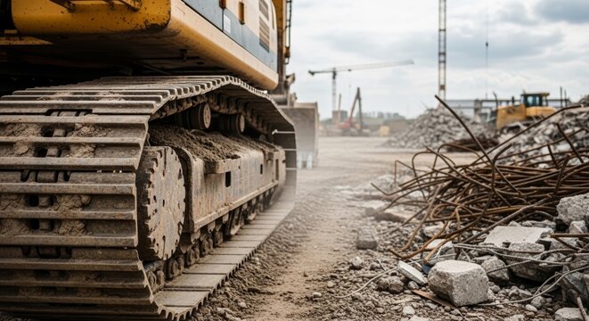 Heavy yellow excavator working on a dusty construction site surrounded by broken concrete and metal debris.