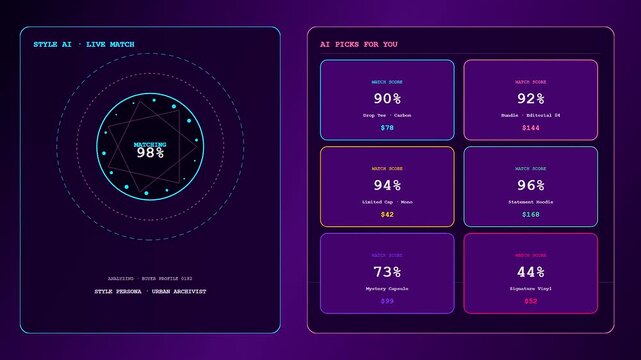 A vibrant social commerce overlay displaying matching percentages for shopping items on a digital interface during a dynamic user experience sequence with neon purple glow