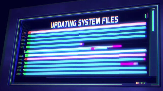 Tracking pan of computer monitor showing updating system files progress bars on control room dashboard during software update sequence