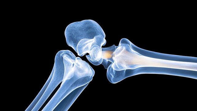 A detailed anatomical representation of the human elbow joint. Humerus, radius, and ulna bones articulate, demonstrating the joint's range of motion