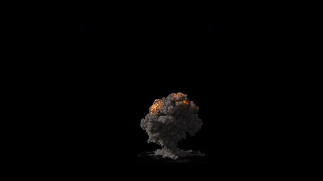 Distant mushroom cloud explosion with fire and smoke plume, alpha channel transparent background, two speeds, 4k 24p