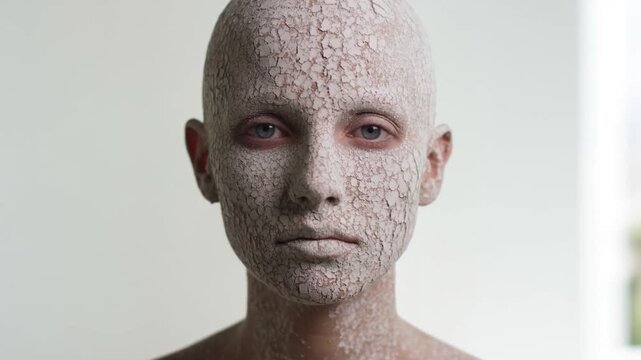 Slow dolly in portrait of female model with cracked clay coated skin holding neutral expression in minimal white studio close up