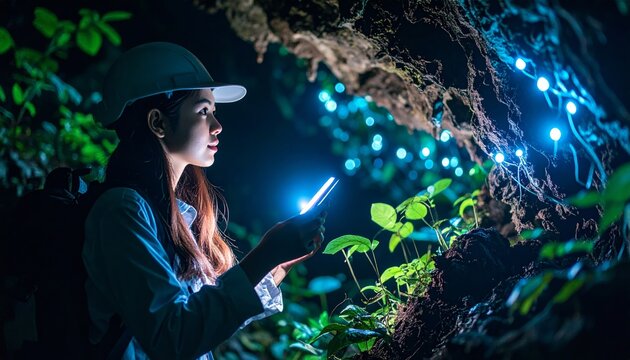 Scientist Studies Glowing Blue Flora with a Smartphone in a Dark Cave