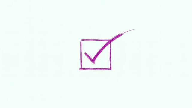Static shot of centered hand drawn checkmark being sketched inside box on white paper page in studio close up minimal illustration for checklist approval
