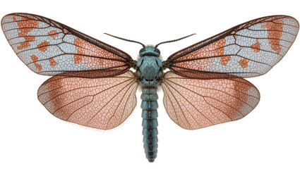 Isolated large moth with intricate blue and orange patterned wings and teal segmented body. © Diego