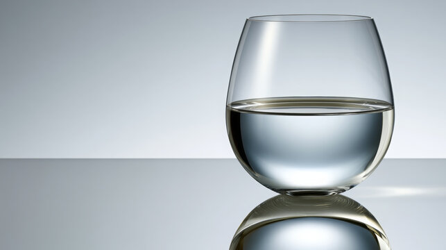 Glass of pure water standing half full or half empty on reflective surface, representing concepts of optimism, pessimism, balance, perspective, and personal outlook