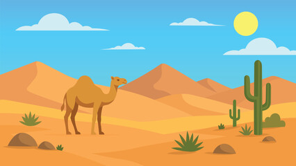 A camel stands peacefully in a vast desert landscape surrounded by sand dunes, cacti, and native vegetation under a bright sunny sky. © Kristina Watermelon